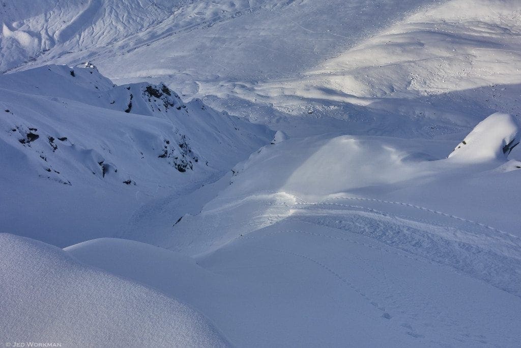 Jan 17, 2017 – Recent small, dry loose snow avalanche sympathetically triggering 4″ soft slab on 40 degree slope angle. This type of problem will be present today.