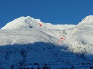 Old debris seen day before off summit of Max High, but today wind slabs peeling out in loaded gullies.